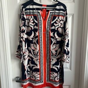 Crown and Ivy Tunic Dress Women 14 NWT; Orange White and Navy Print